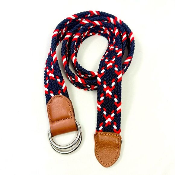 Dibi Red Blue White Woven Leather Tip D Buckle Stretch Nautical Coastal Belt - Picture 3 of 12